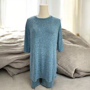 Ekouaer Oversized Lounge Set Ribbed Short Sleeve Top & Shorts‎ Blue Comfy Casual